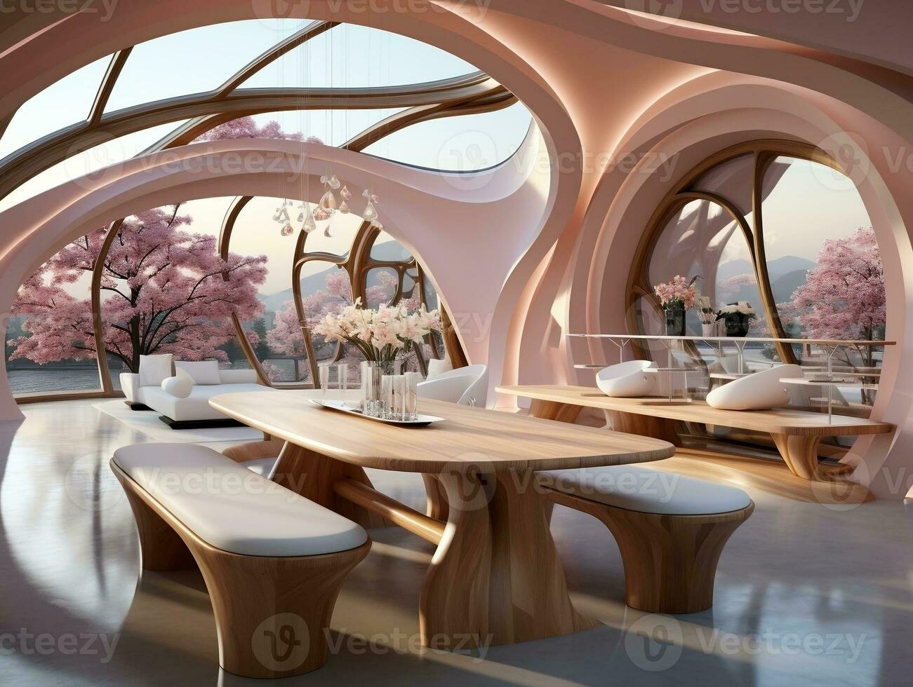 Futuristic design of a dining room is decorated with wood AI Generative photo