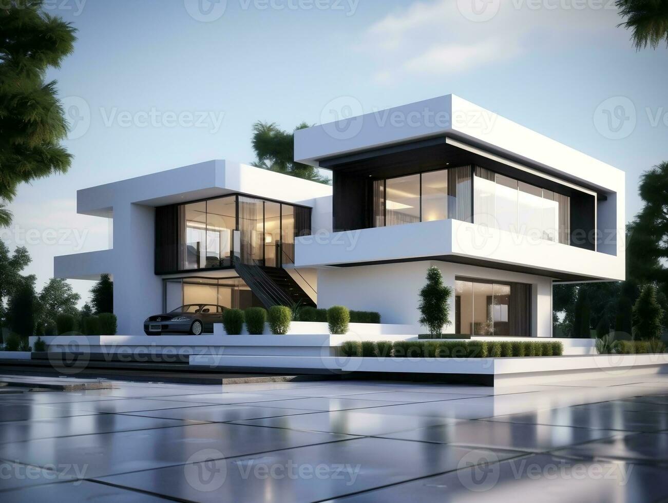 Modern and sleek beautiful 3D rendering of a white house exterior design AI Generative photo