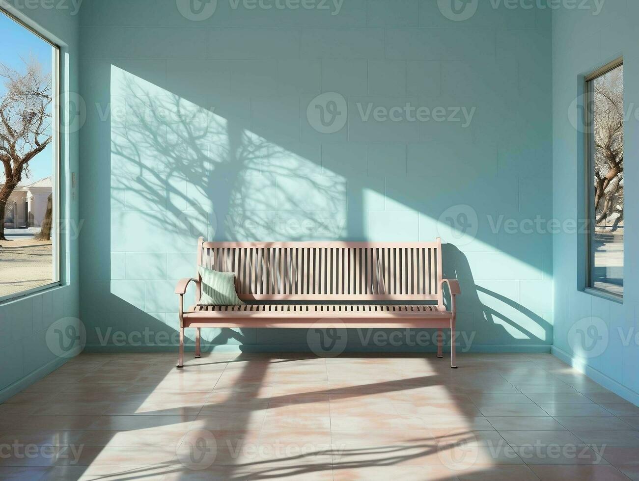 Modern empty blue room with a bench and sunrays shine AI Generative photo