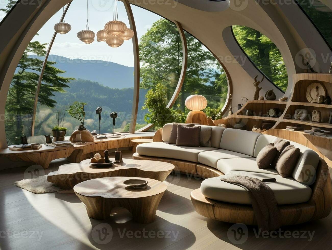 Modern interior of the living room has beige furniture and tables AI Generative photo