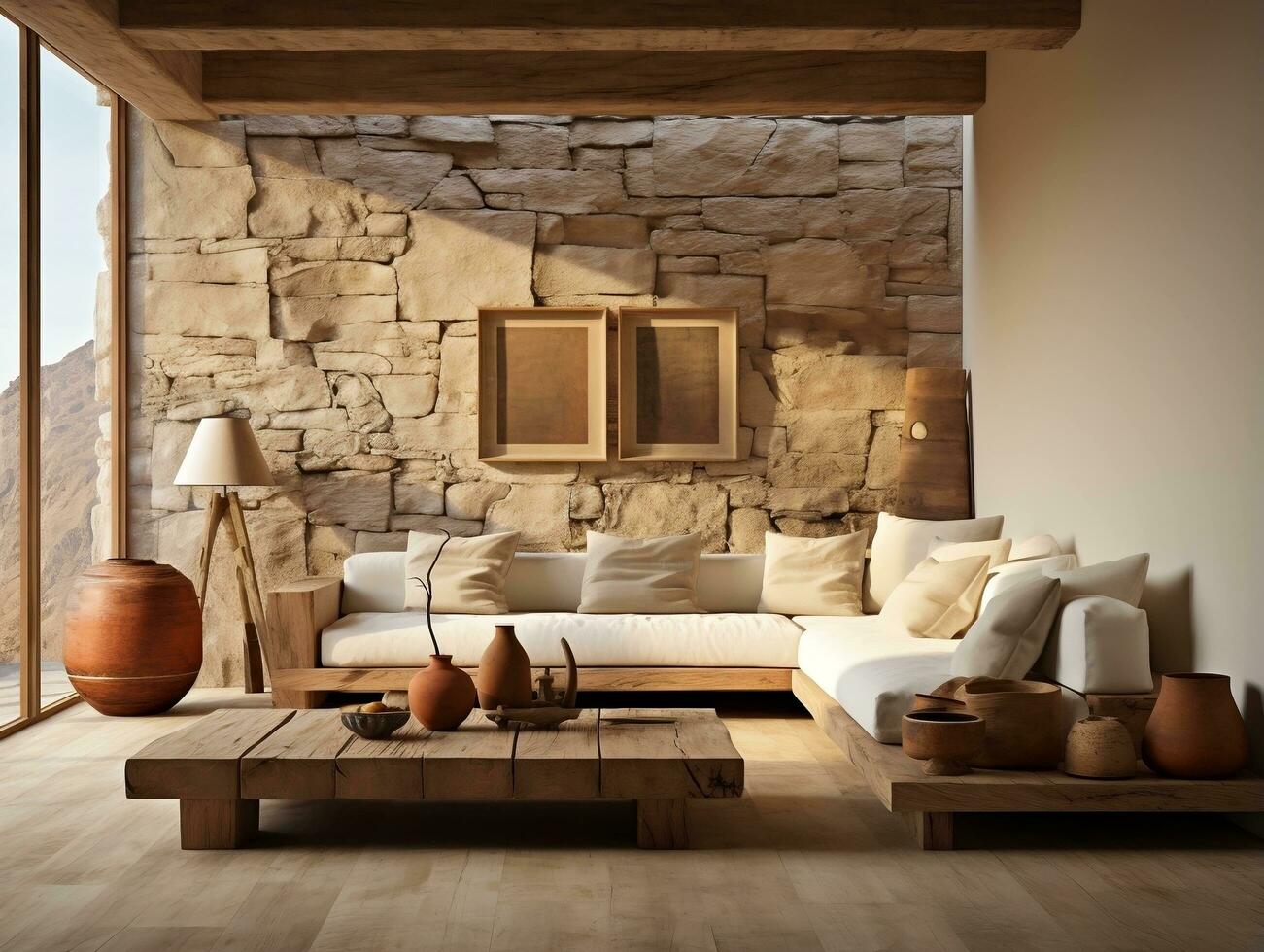 The living room is decorated on a stone floor and wall with wooden furniture AI Generative photo