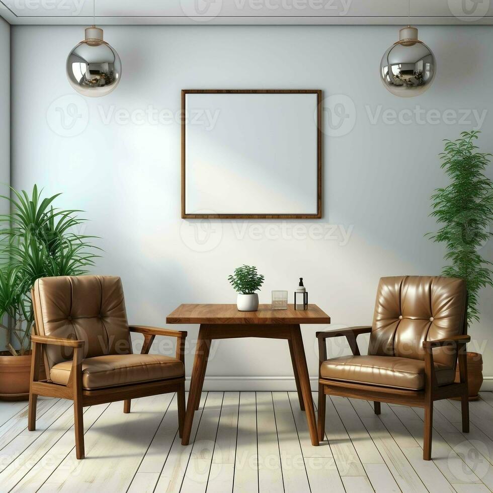 3D living room with two brown leather chairs and canvas posters AI Generative photo