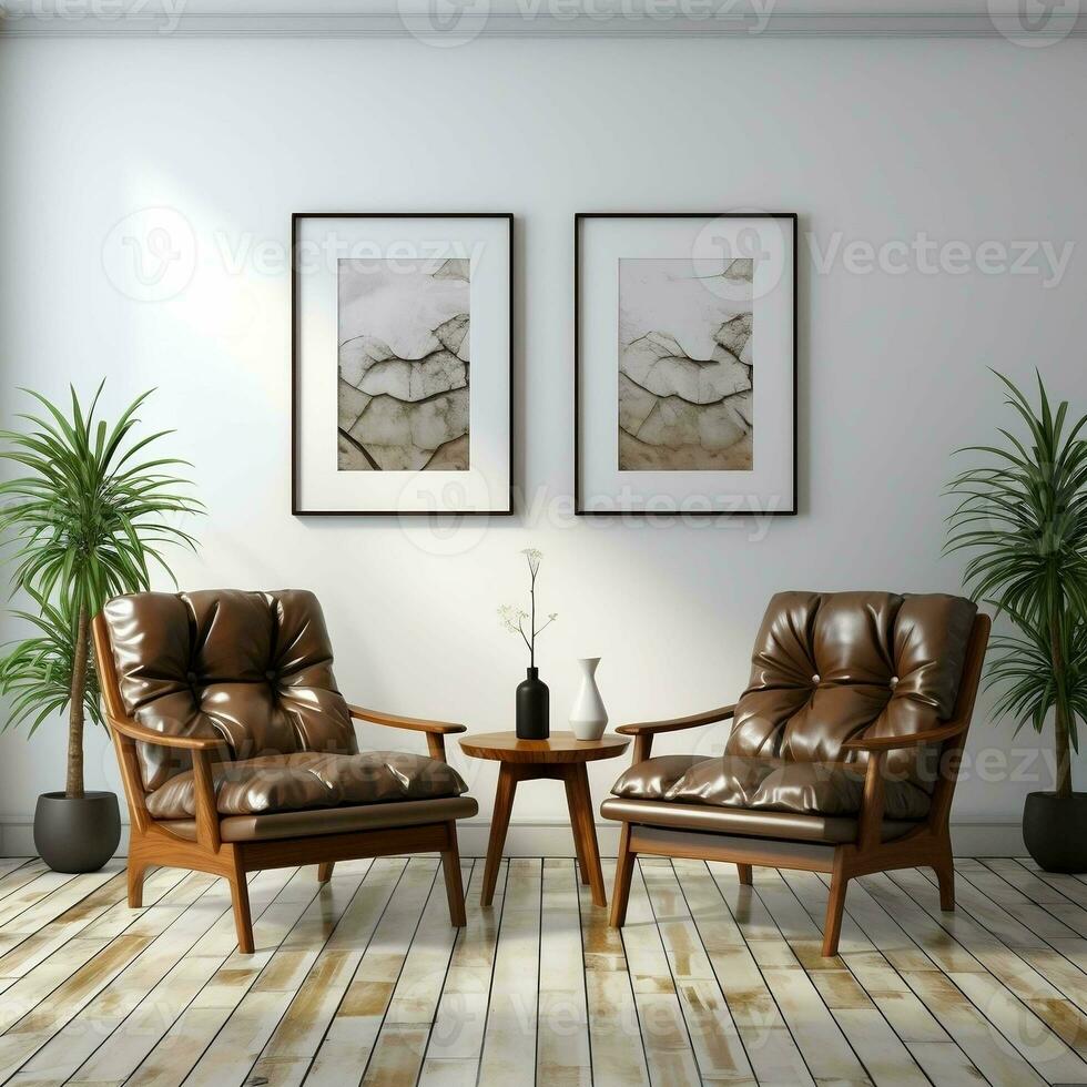 3D living room with two brown leather chairs and canvas posters AI Generative photo
