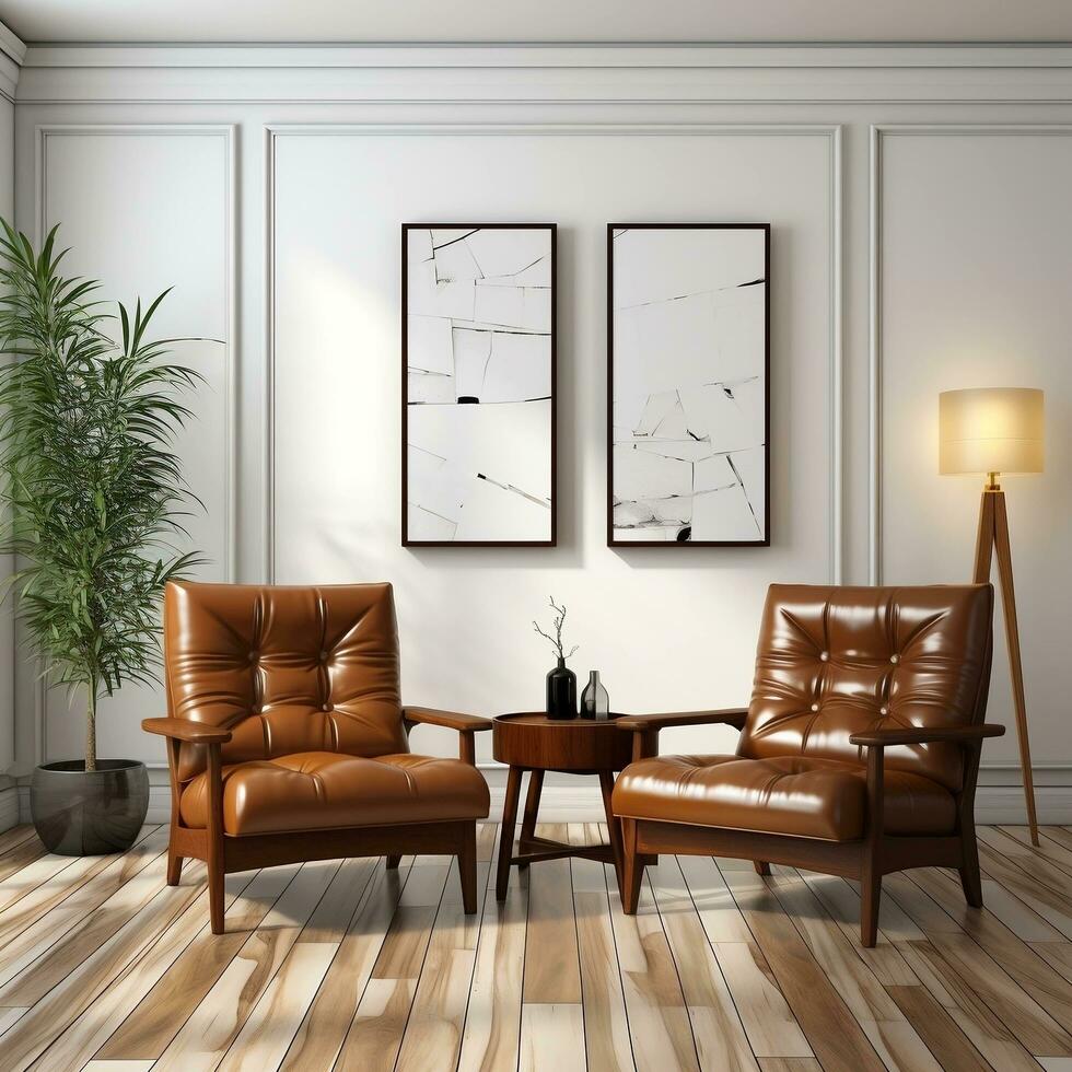 3D living room with two brown leather chairs and canvas posters AI Generative photo