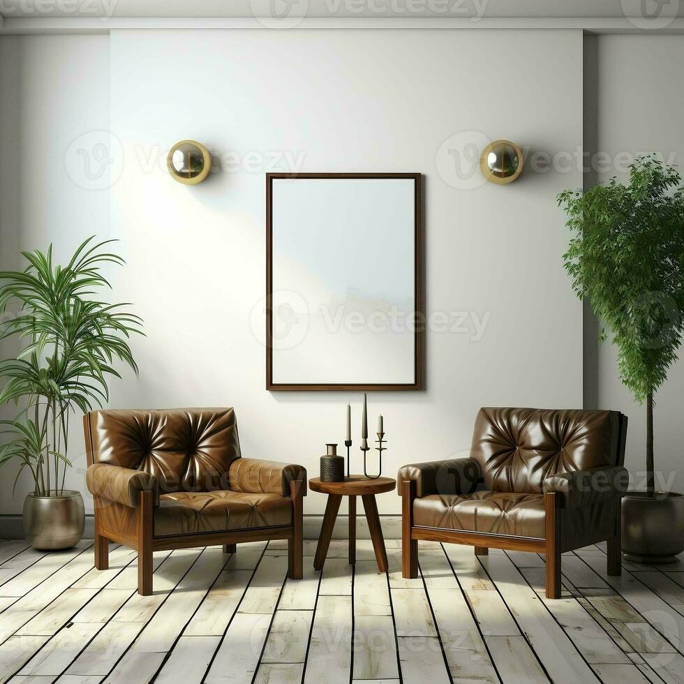 3D living room with two brown leather chairs and canvas posters AI Generative photo