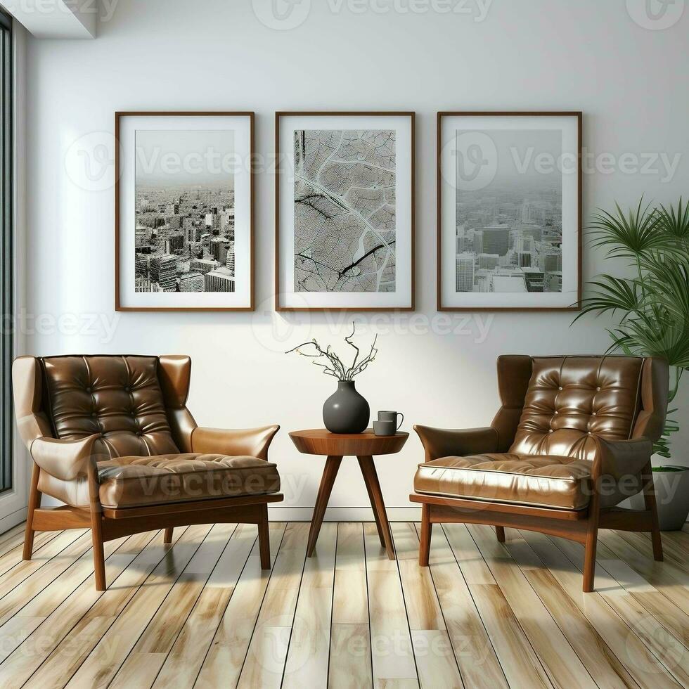 3d vivo habitación con dos marrón cuero sillas y lona carteles ai generativo foto