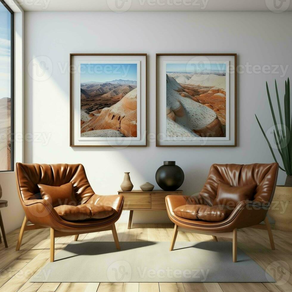 3D living room with two brown leather chairs and canvas posters AI Generative photo