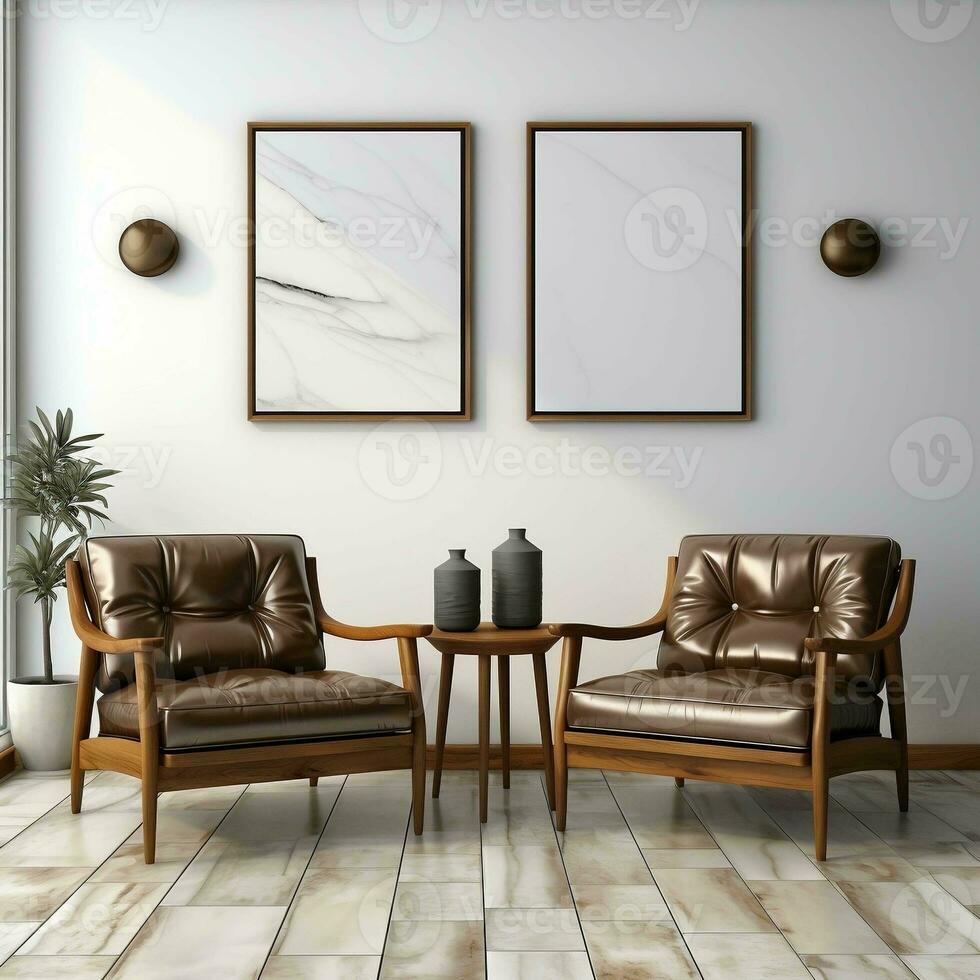 3D living room with two brown leather chairs and canvas posters AI Generative photo