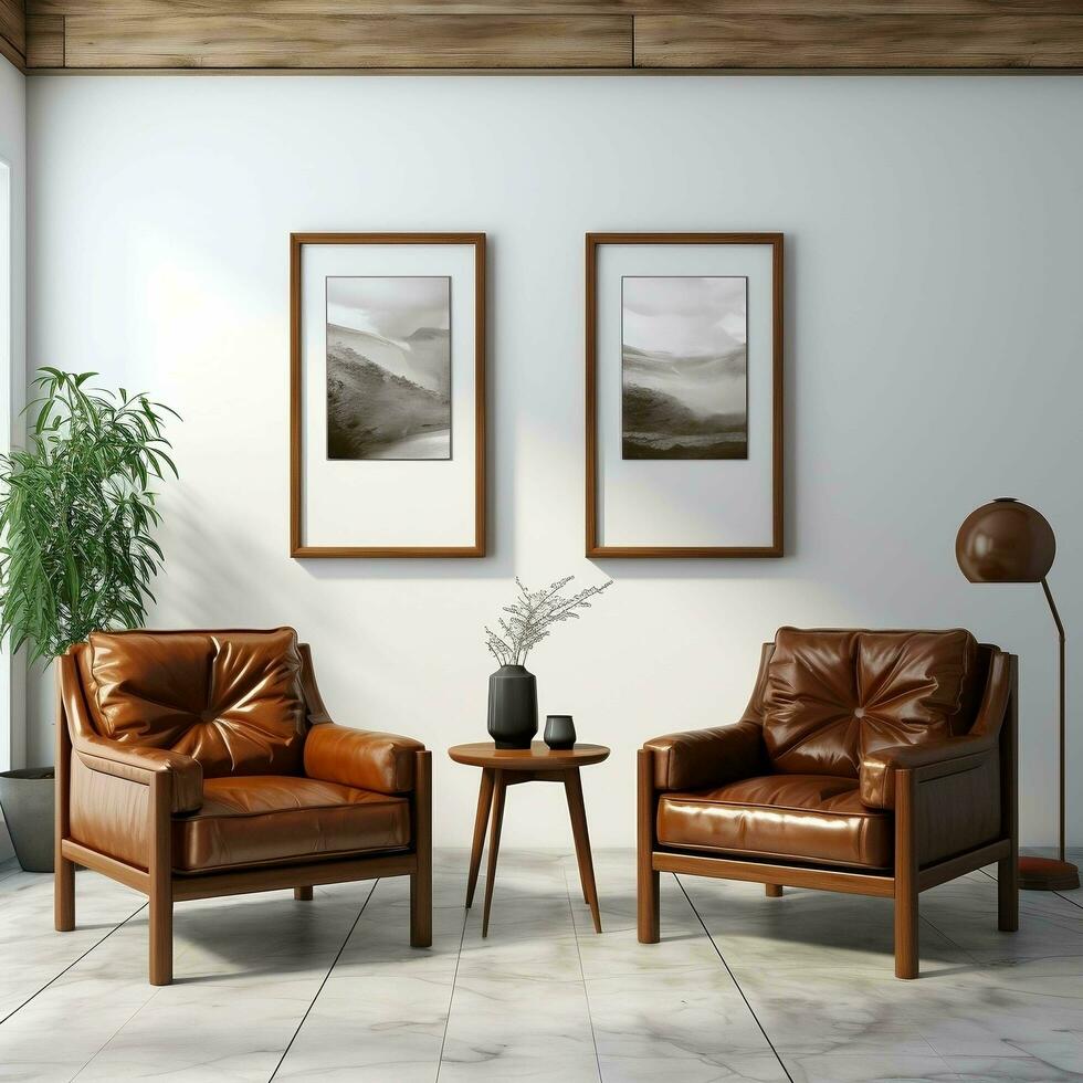 3D living room with two brown leather chairs and canvas posters AI Generative photo