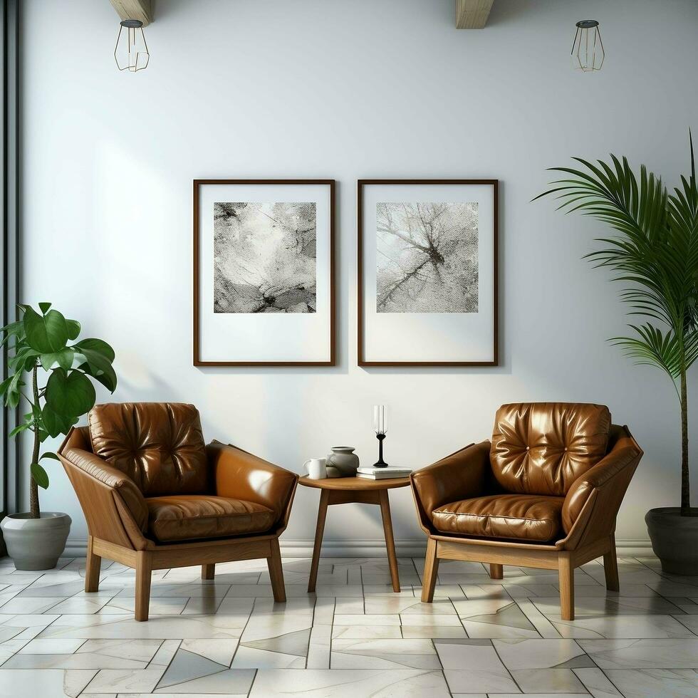 3D living room with two brown leather chairs and canvas posters AI Generative photo