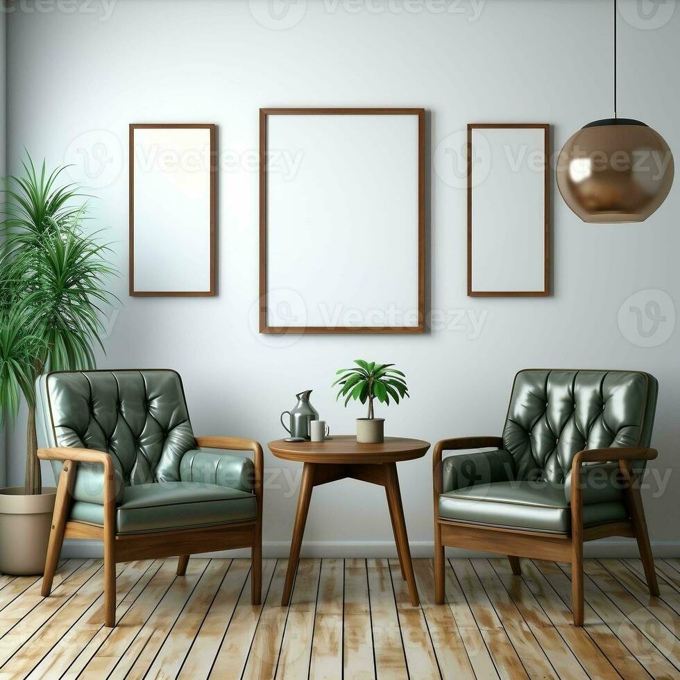 3D living room with two brown leather chairs and canvas posters AI Generative photo