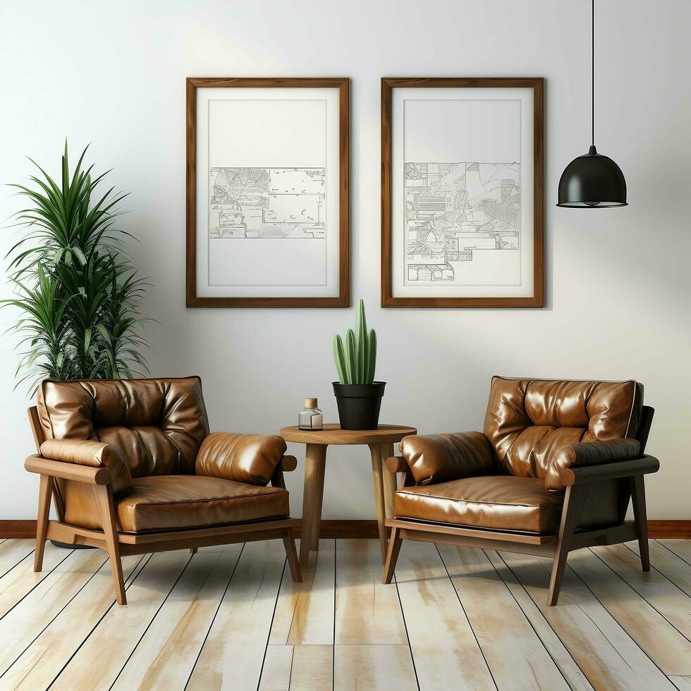 3D living room with two brown leather chairs and canvas posters AI Generative photo