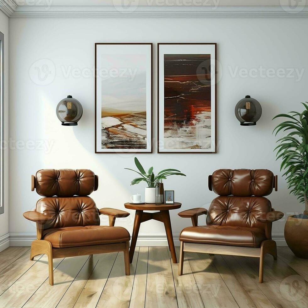 3D living room with two brown leather chairs and canvas posters AI Generative photo