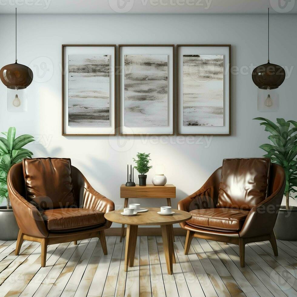 3D living room with two brown leather chairs and canvas posters AI Generative photo