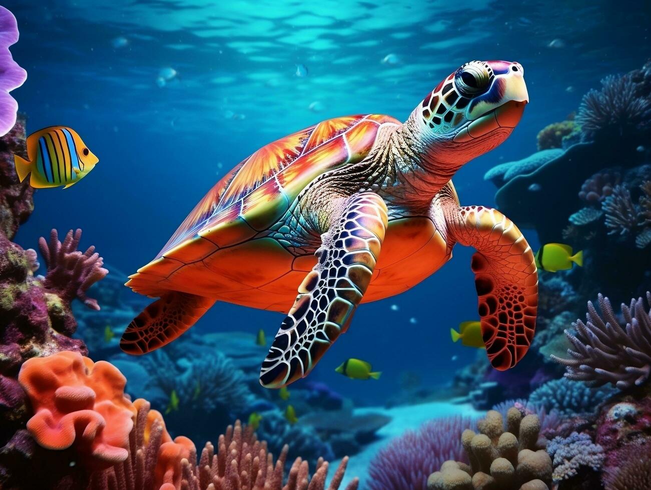 A turtle swims over colorful corals in the ocean AI Generative photo