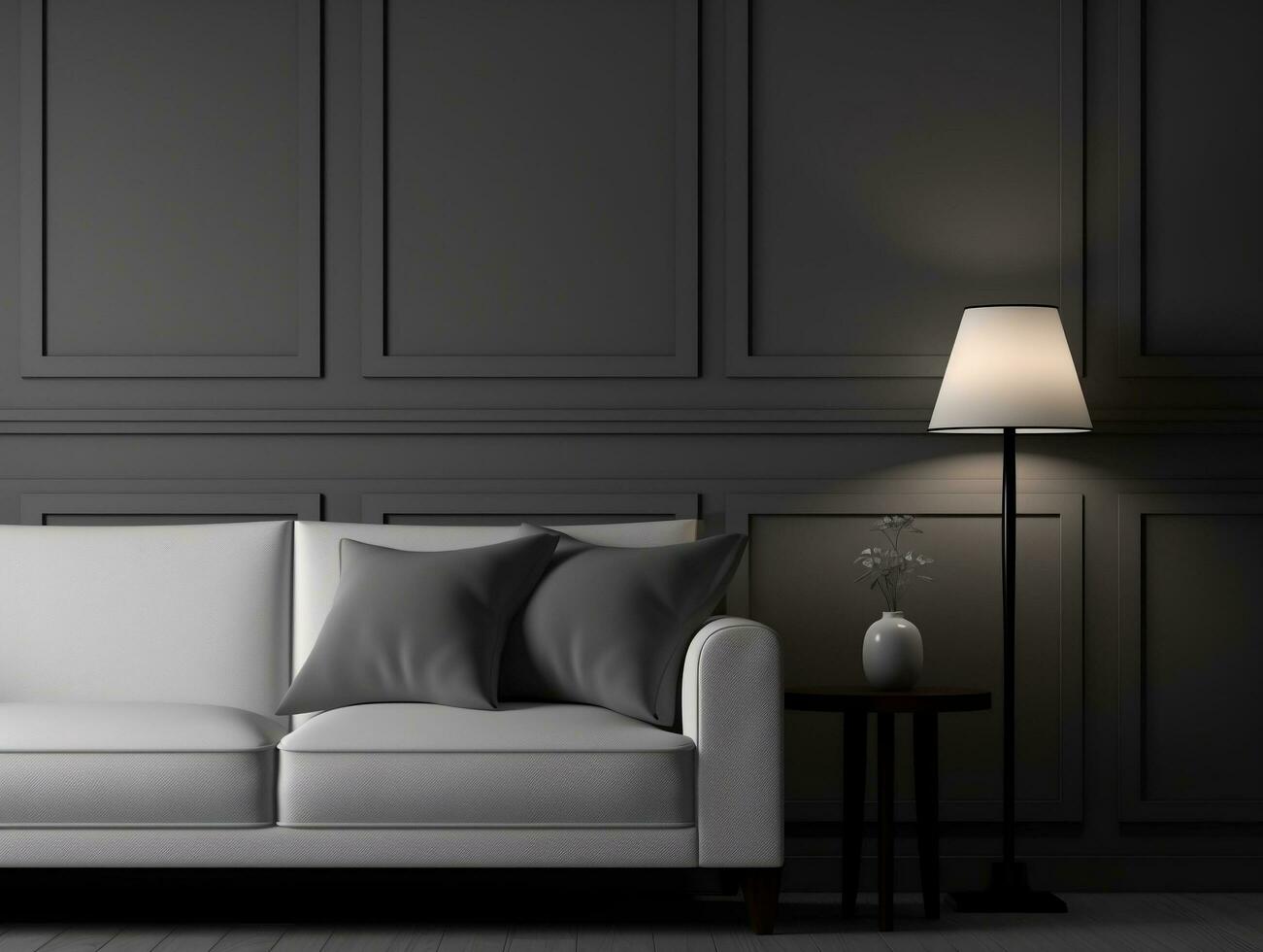 blanco sofá y un mesa lámpara en un oscuro gris habitación ai generativo foto