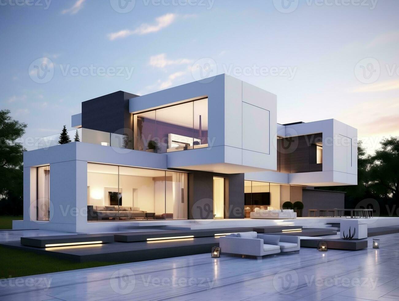 Modern and sleek beautiful 3D rendering of a white house exterior design AI Generative photo