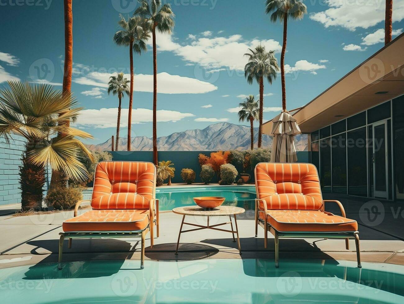 Swimming pool and chairs with umbrellas and palm trees AI Generative photo