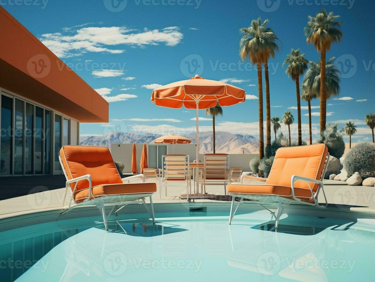 Swimming pool and chairs with umbrellas and palm trees AI Generative photo