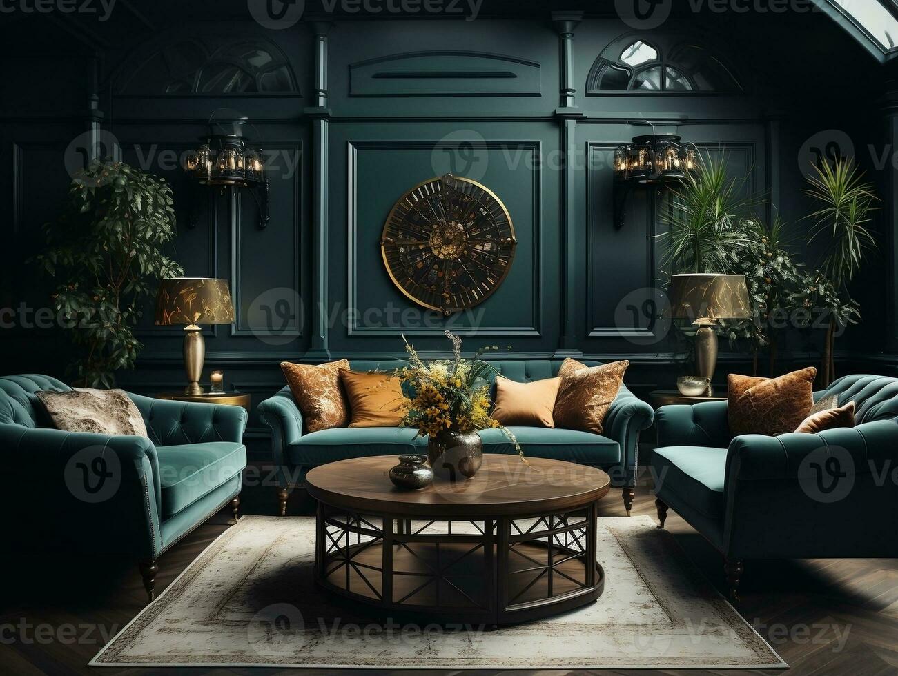 Sofas and coffee table are shown in a dark blue interior room AI Generative photo