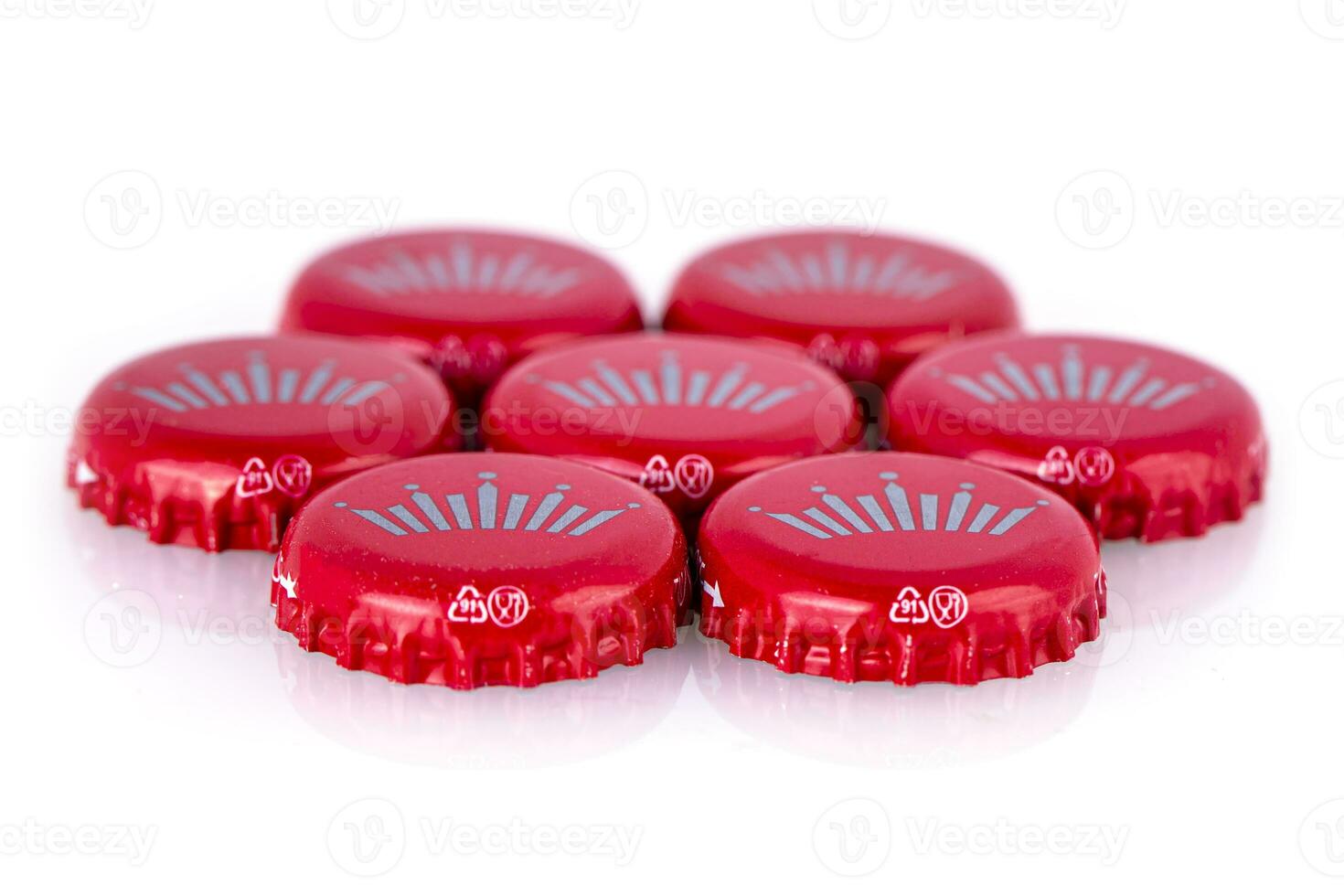 The Red beer caps Bud isolated on white photo