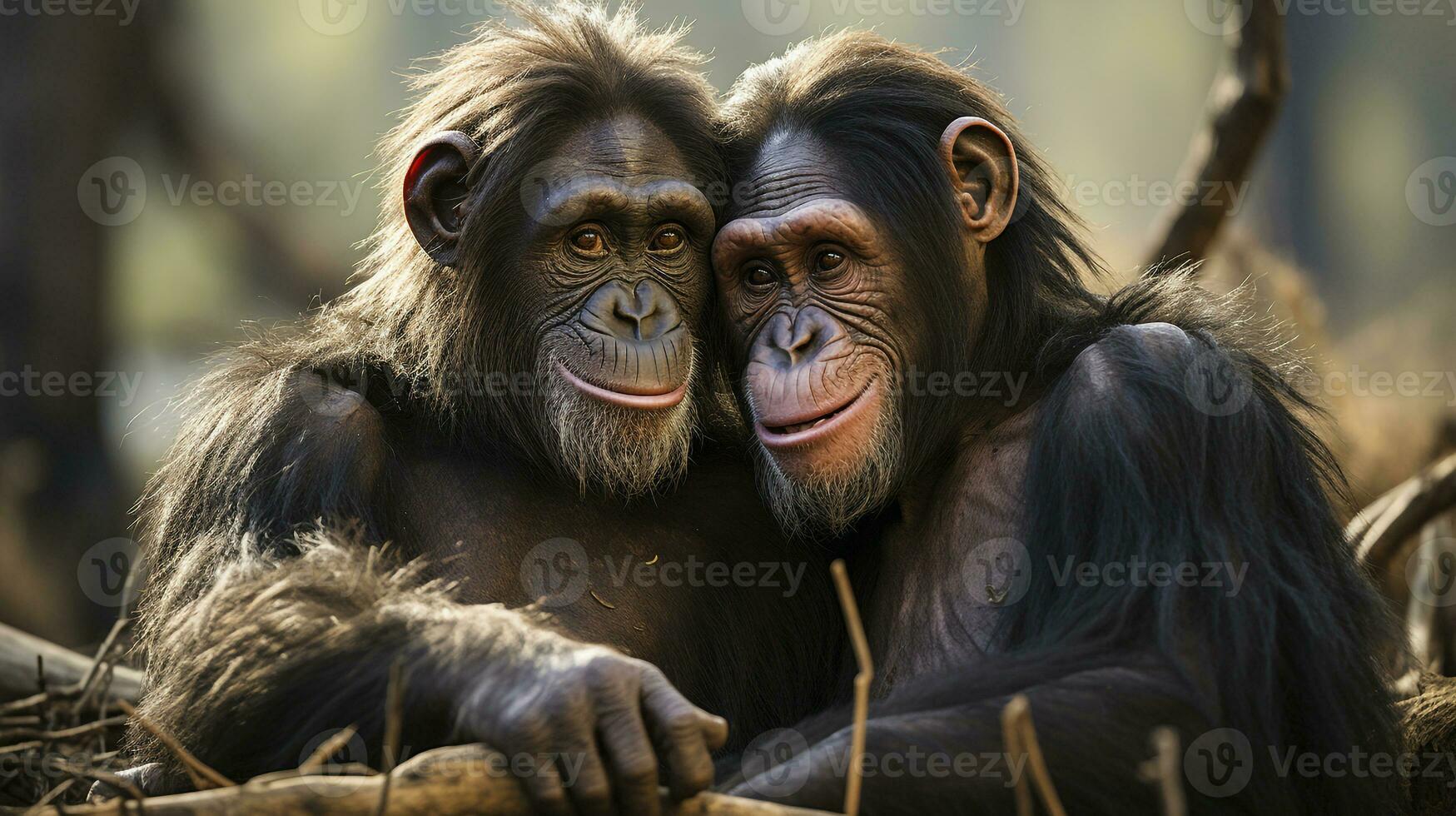 photo of heart-melting two Chimpanzees with an emphasis on expression of love. Generative AI