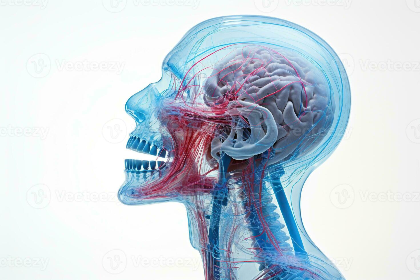 Skull bones of the human head with arteries and veins, anatomy. Human skull on a white background. Generative AI photo