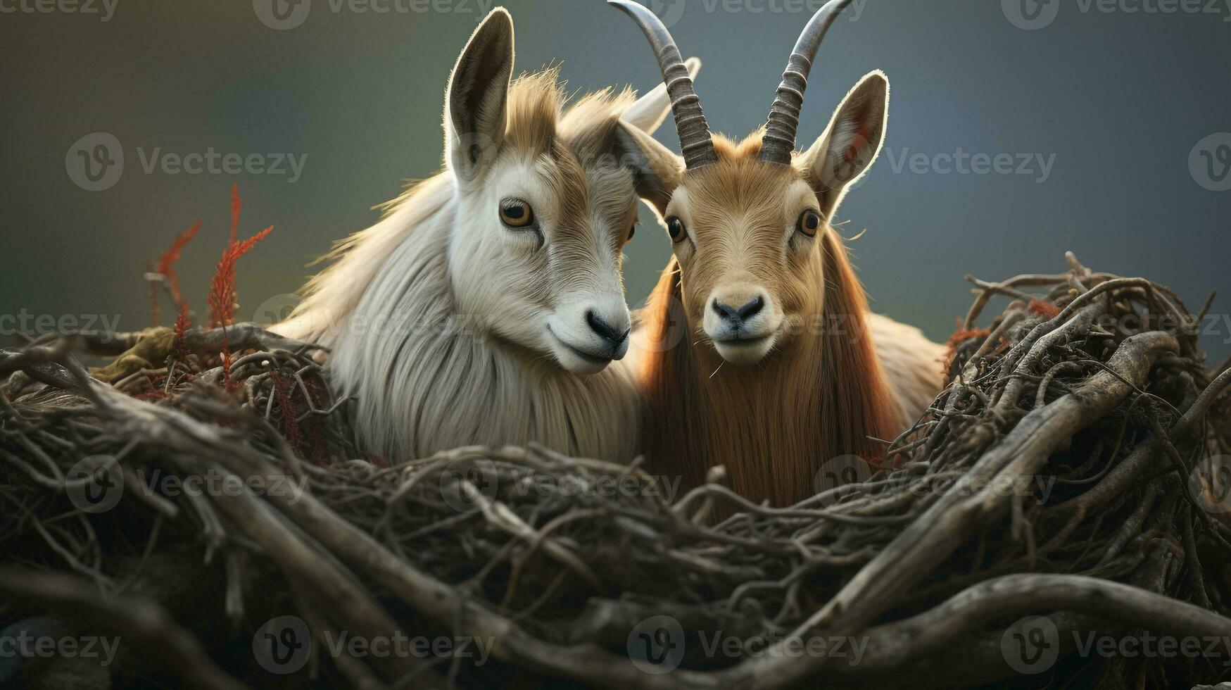 photo of heart-melting two Arabian Oryxs with an emphasis on expression of love. Generative AI