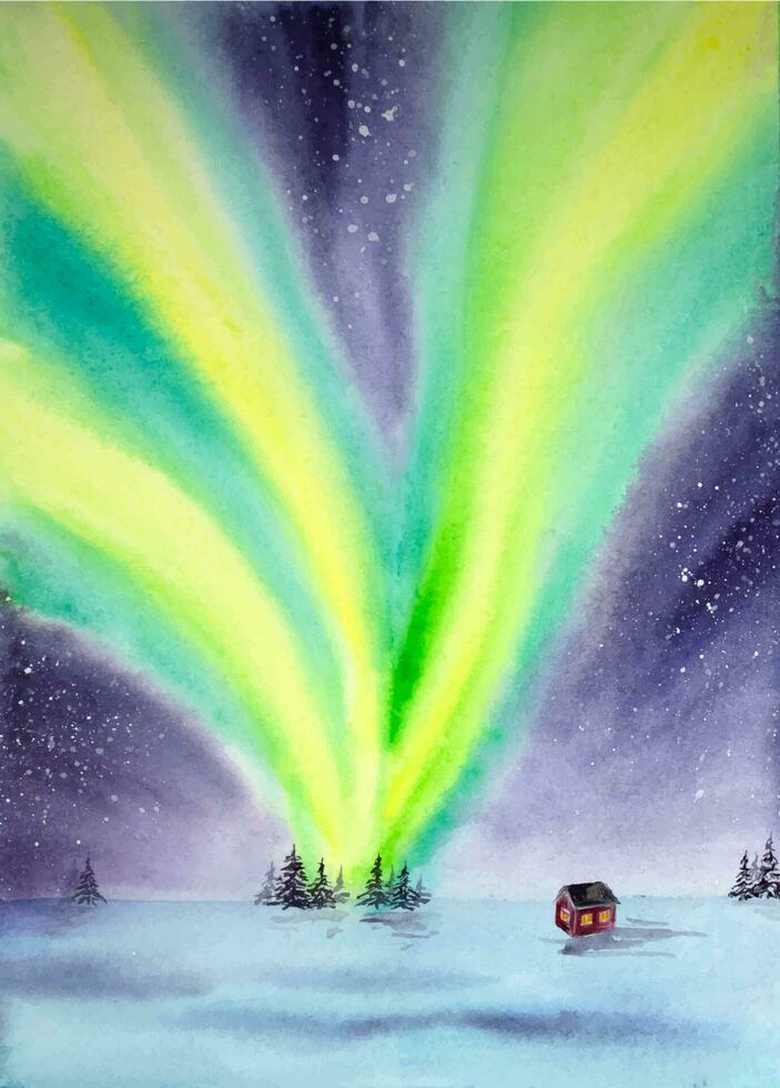 Hand drawn watercolor northern lights landscape. Watercolor aurora. vector