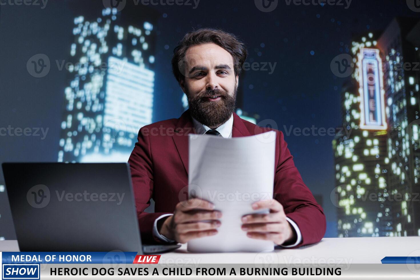 Fantastic report of animal saving child from fire, information aired live on television channel. Male journalist outlining story about burning structure and a dog rescuing owners. photo