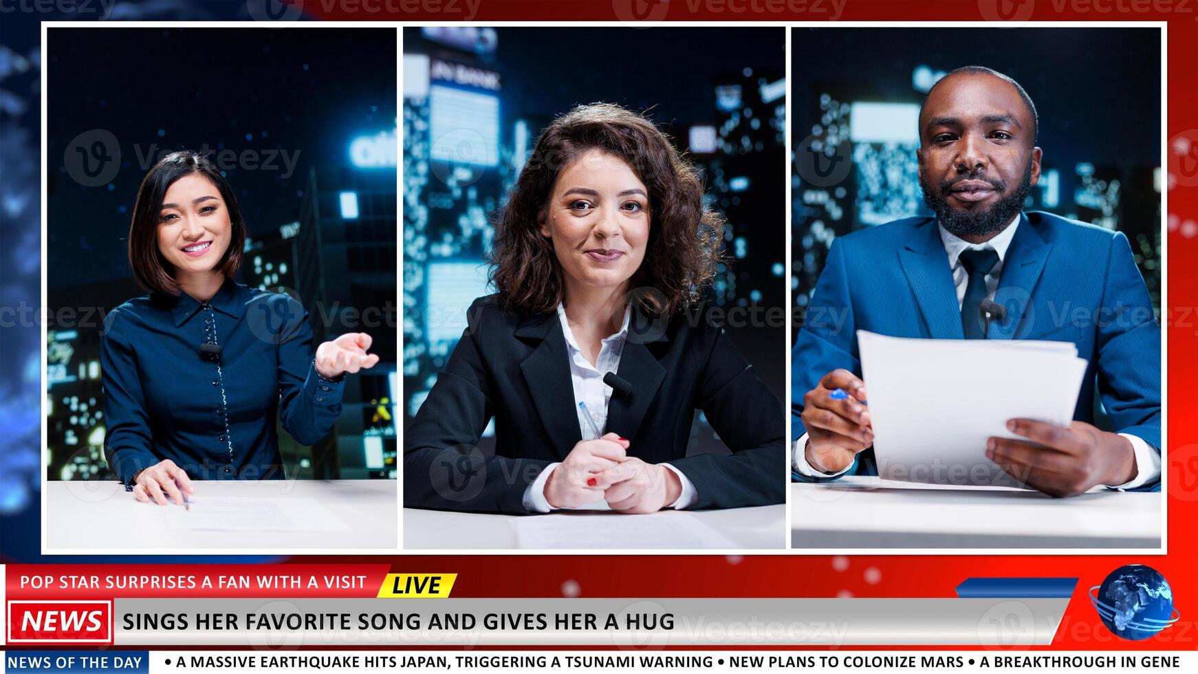 Expert show colleagues on connection discussing about pop star doing surprise for fan, sweet gesture. Host and guests talking about entertainment events, musical artist surprising supporter. photo