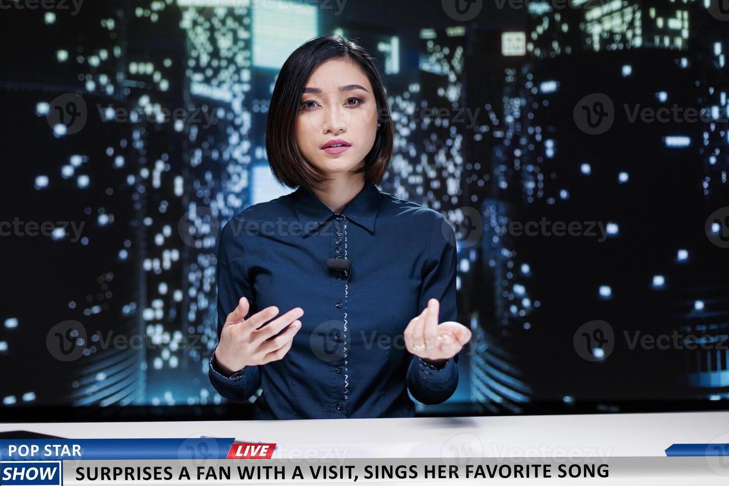 Asian presenter covers media segment, presenting news about pop star surprising biggest fan and singing favorite song. Woman journalist hosting night show and reading headlines. photo