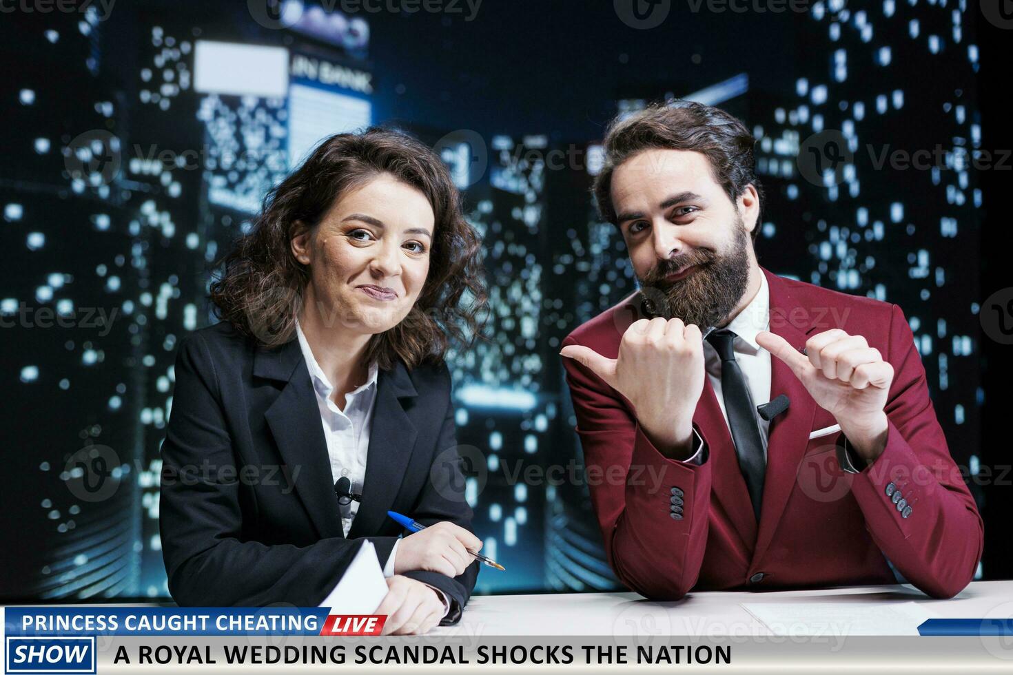 Newscaster team reveal royal scandal story after prince was caught cheating on princess before wedding, monarchy drama shocking the nation. Journalist colleagues hosting night show. photo