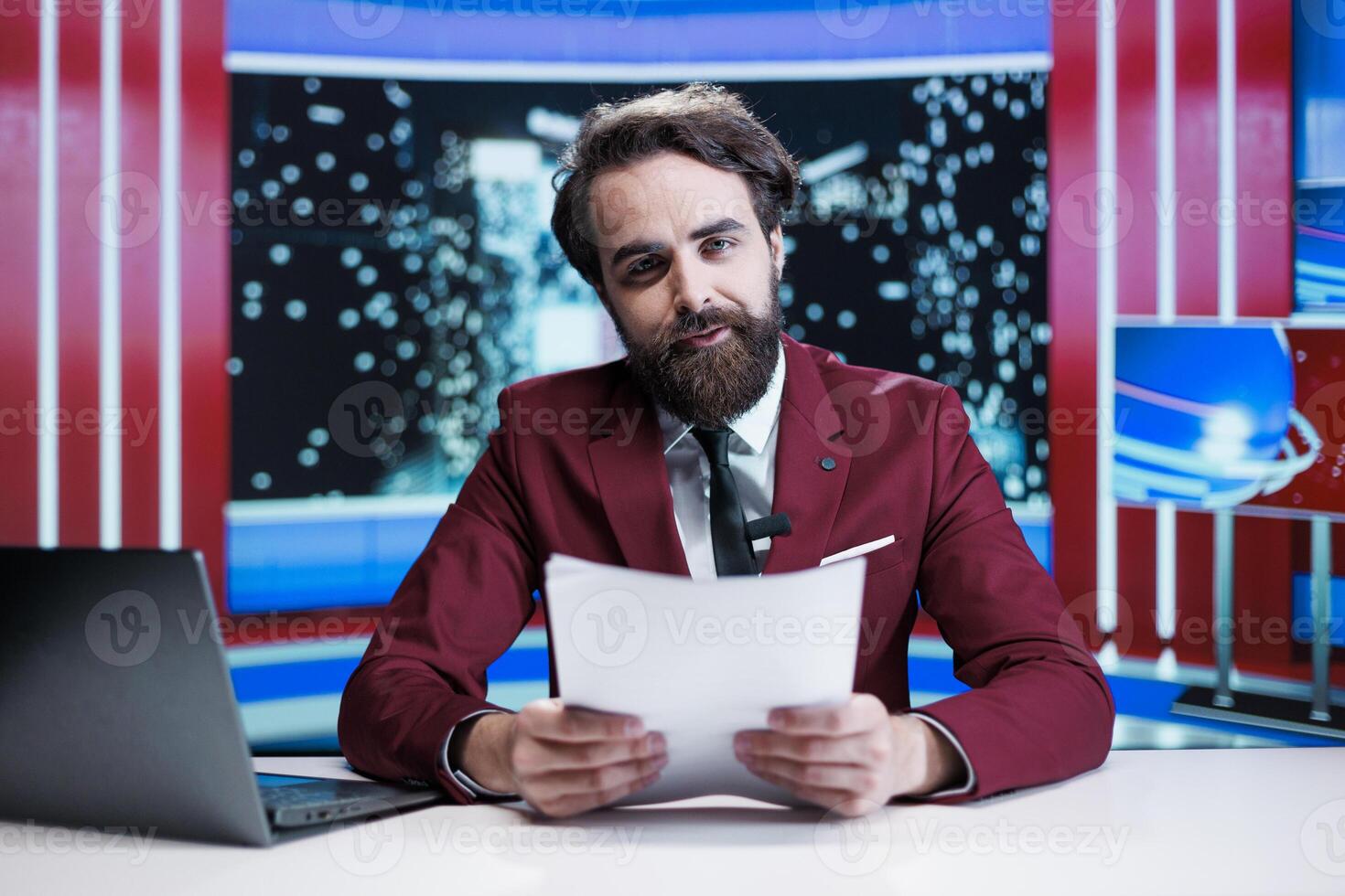 Media presenter advertising new events, covering latest topics on leisure and entertainment segment. TV journalist presenting daily happenings and celebrity gossip, international live broadcasting. photo