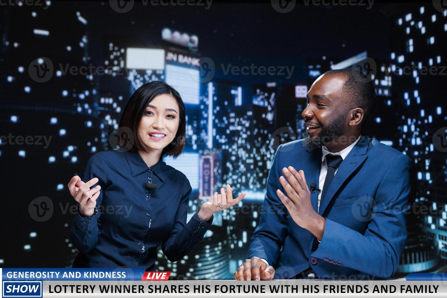 Journalists talk lottery winner kindness donating money to charity, lucky citizen sharing fortune with poor people. Team of tv reporters discussing about generous common person. photo
