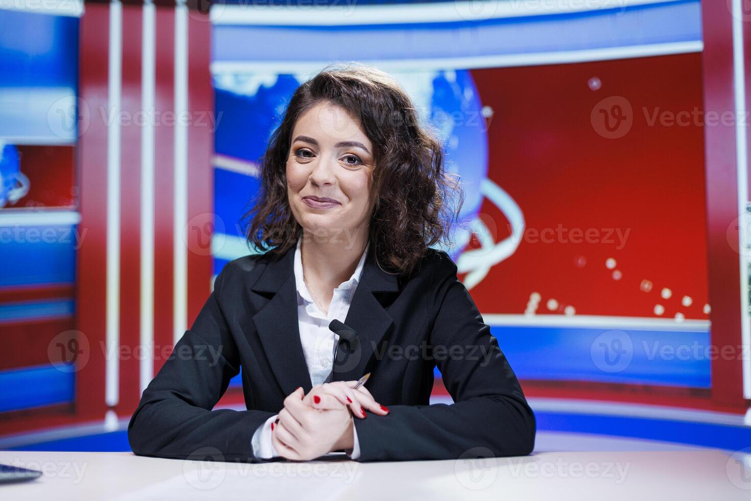 Newscaster going on live broadcast in studio, preparing to present daily events breaking news regarding global issues. Woman journalist hosting entertainment segment on tv program. photo