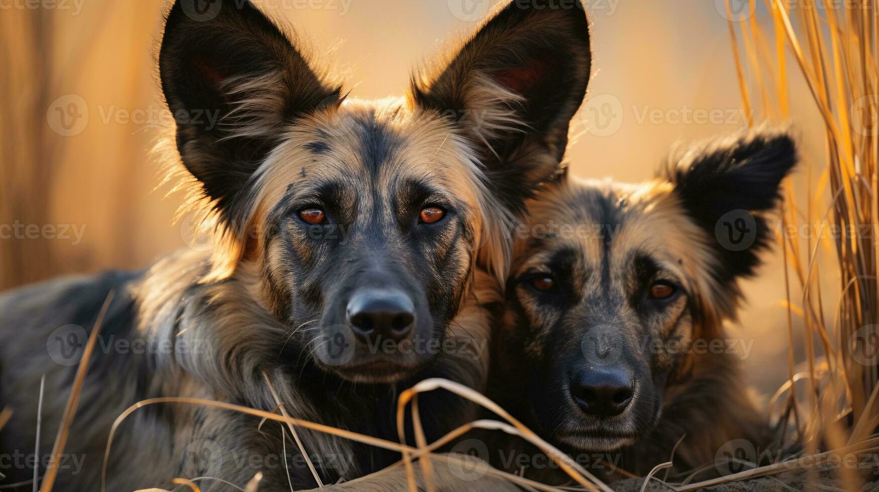 photo of heart-melting two African Wild Dogs with an emphasis on expression of love. Generative AI