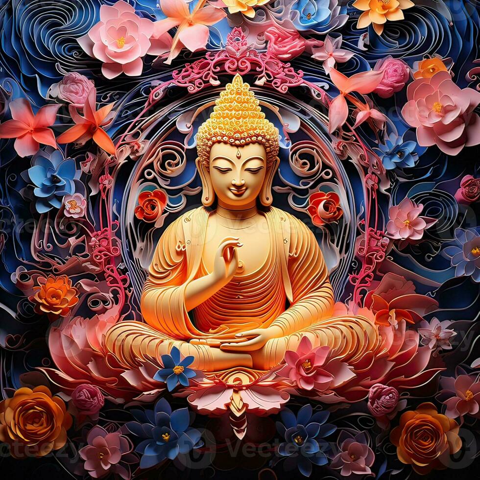 Flower paper cut  and Buddha statue colored mix texture with space for your text.Vector Background and Minimal paper cut style.Generative AI illustration. photo