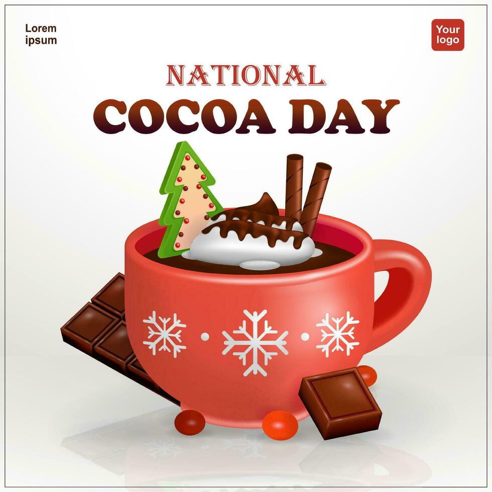 nacional cacao día. un taza de caliente chocolate en un rojo vaso con crema, chocolate bar, pino galletas y oblea rollo. 3d vector, Perfecto para Navidad y eventos vector