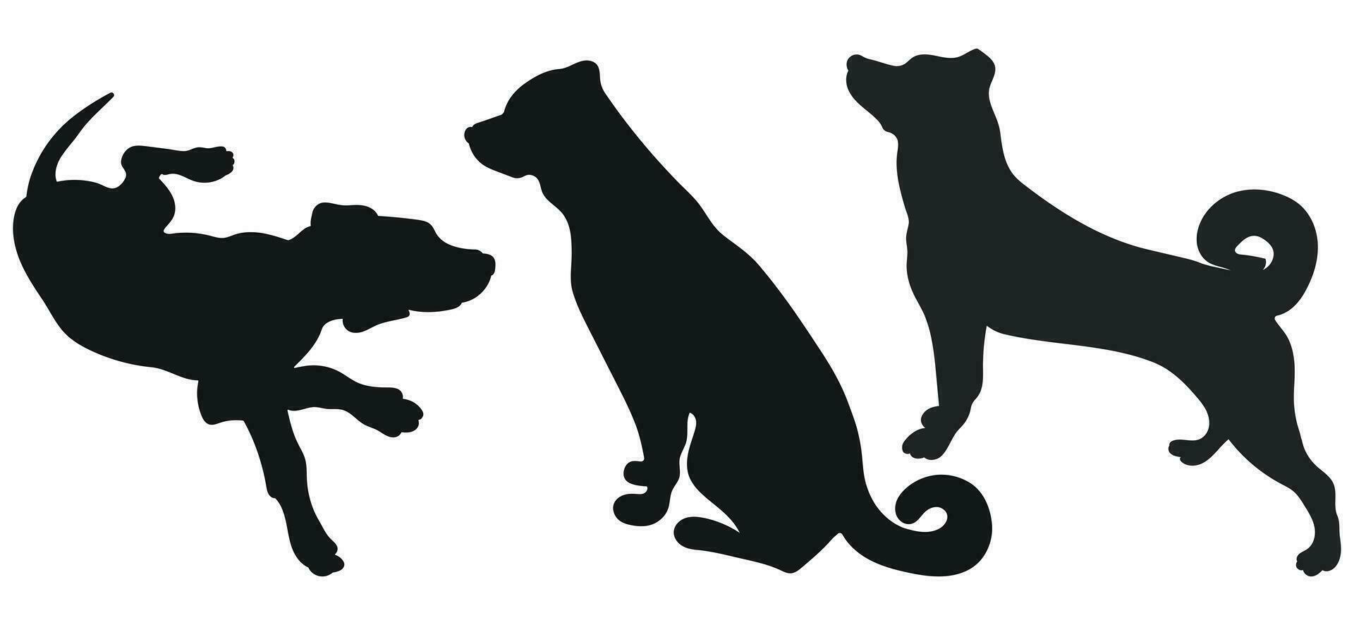 Sketch image of black silhouette dogs, outline of pets. Go, standing, sitting, lying, lie, running, jumping, training, walking, guarding, posing, play, showing vector