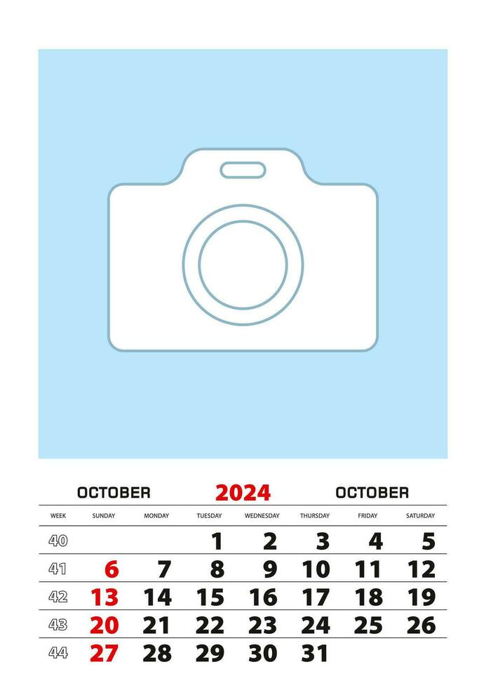 October 2024 calendar planner A3 size with place for your photo. vector