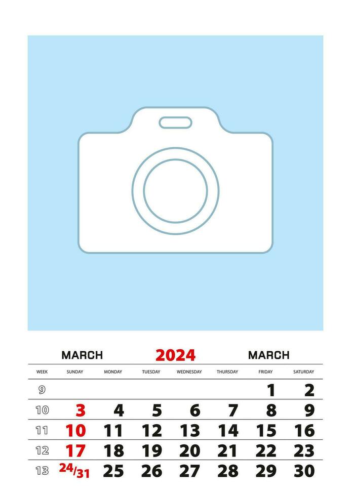 March 2024 calendar planner A3 size with place for your photo. vector