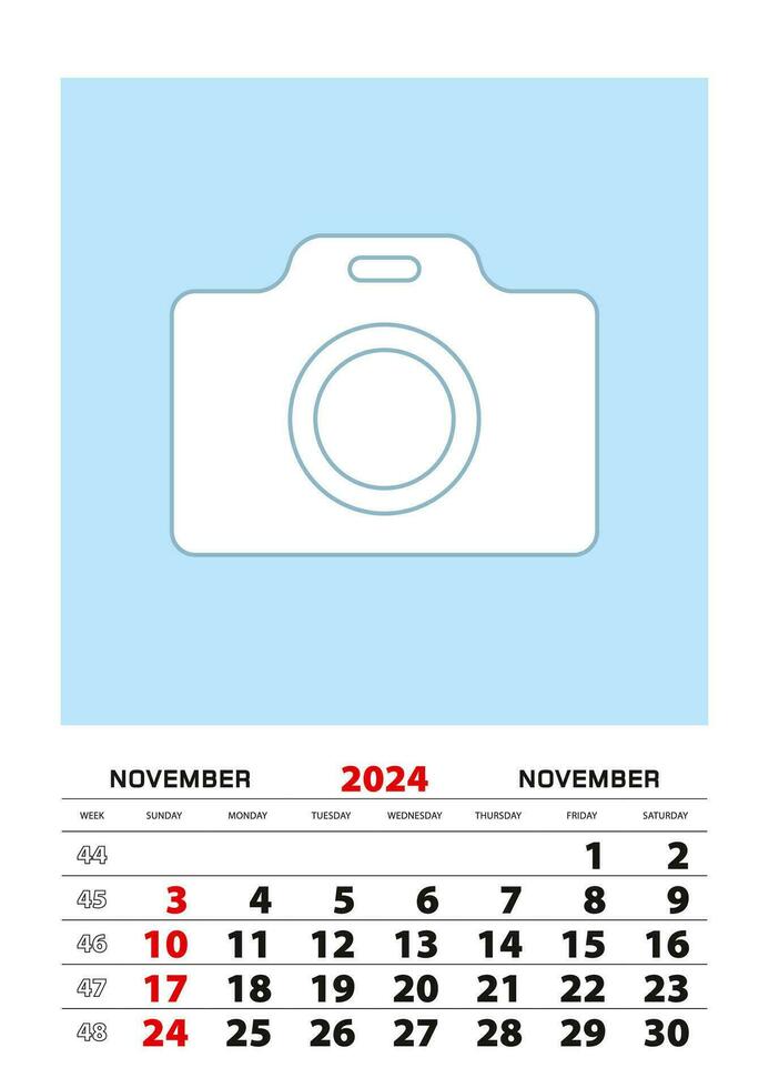 November 2024 calendar planner A3 size with place for your photo. vector