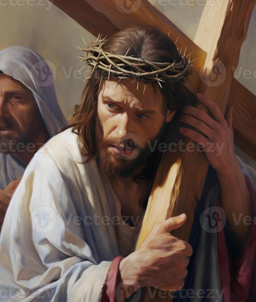 Jesus carrying cross of suffering, symbolizing death, sacrifice and resurrection photo