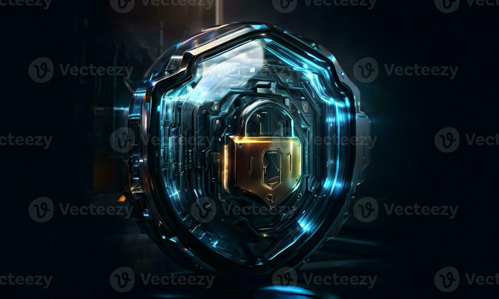 Lock and shield. Concept of data security, cybersecurity, cyber defense. photo