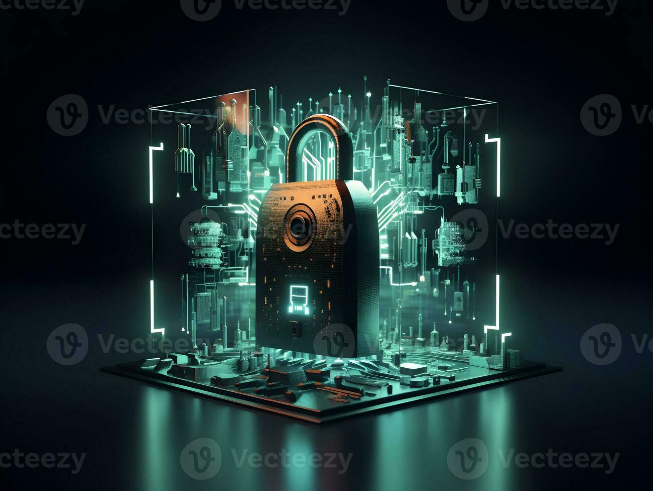 Lock with circuit pattern. Concept of data security, cybersecurity, cyber defense. AI generative photo