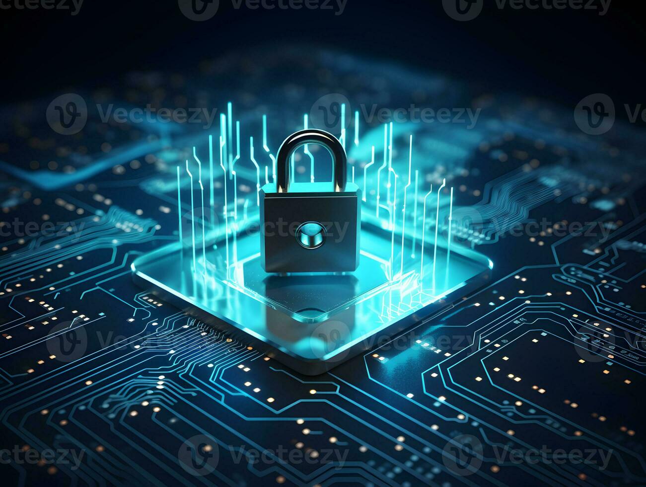 Lock with circuit pattern. Concept of data security, cybersecurity, cyber defense. AI generative photo