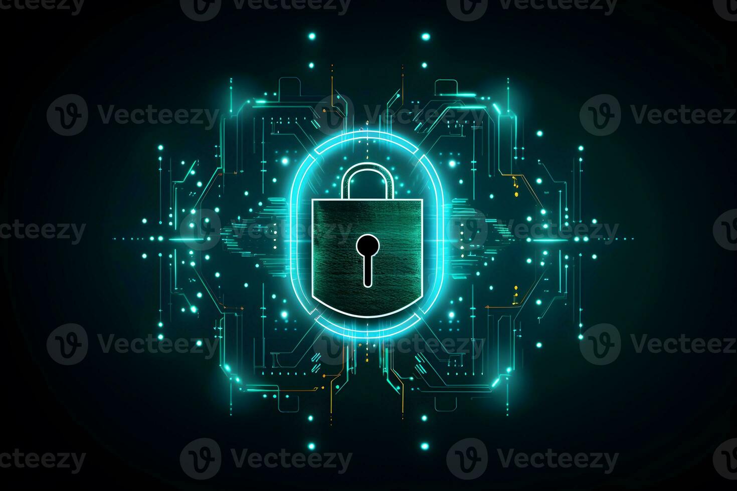 Lock with circuit pattern. Concept of data security, cybersecurity, cyber defense. photo