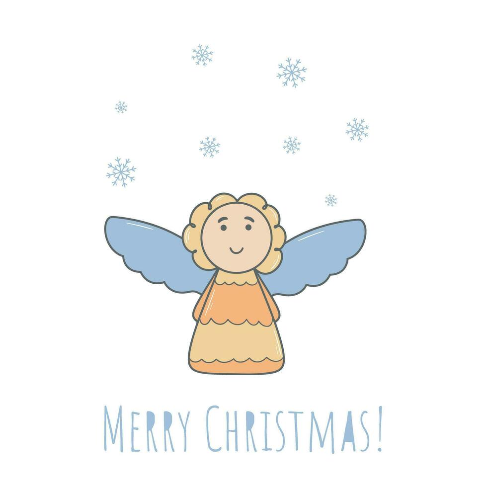 Holiday card with angel and inscription Merry Christmas. vector