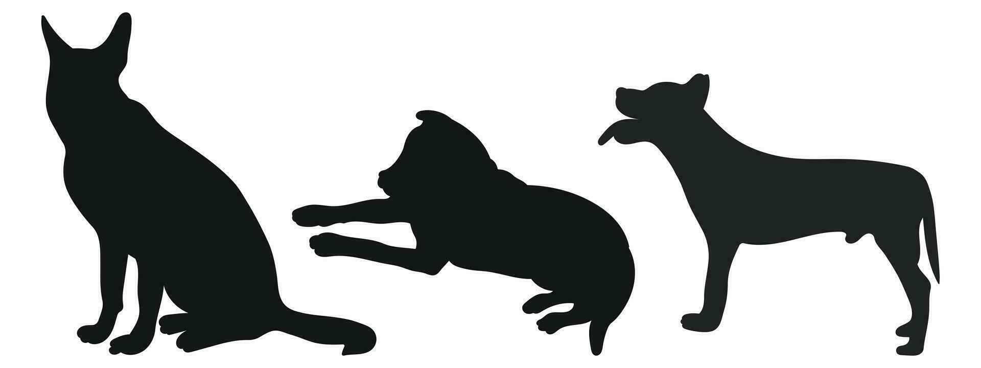 Sketch image of black silhouette dogs, outline of pets. Go, standing, sitting, lying, lie, running, jumping, training, walking, guarding, posing, play, showing vector